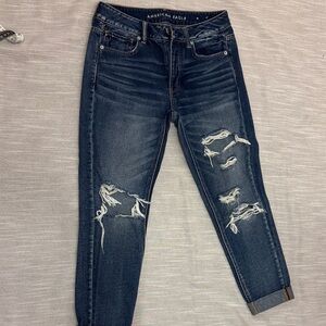 American Eagle Outfitters Women's Dark Blue Distressed Jeans